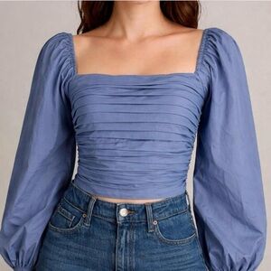 Abercrombie Ruched Square-Neck Puff Sleeve Top Blue, size L, like new!